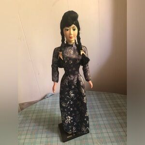 Vintage Vietnamese doll Made in Vietnam 60s blue dress black hair woman figure